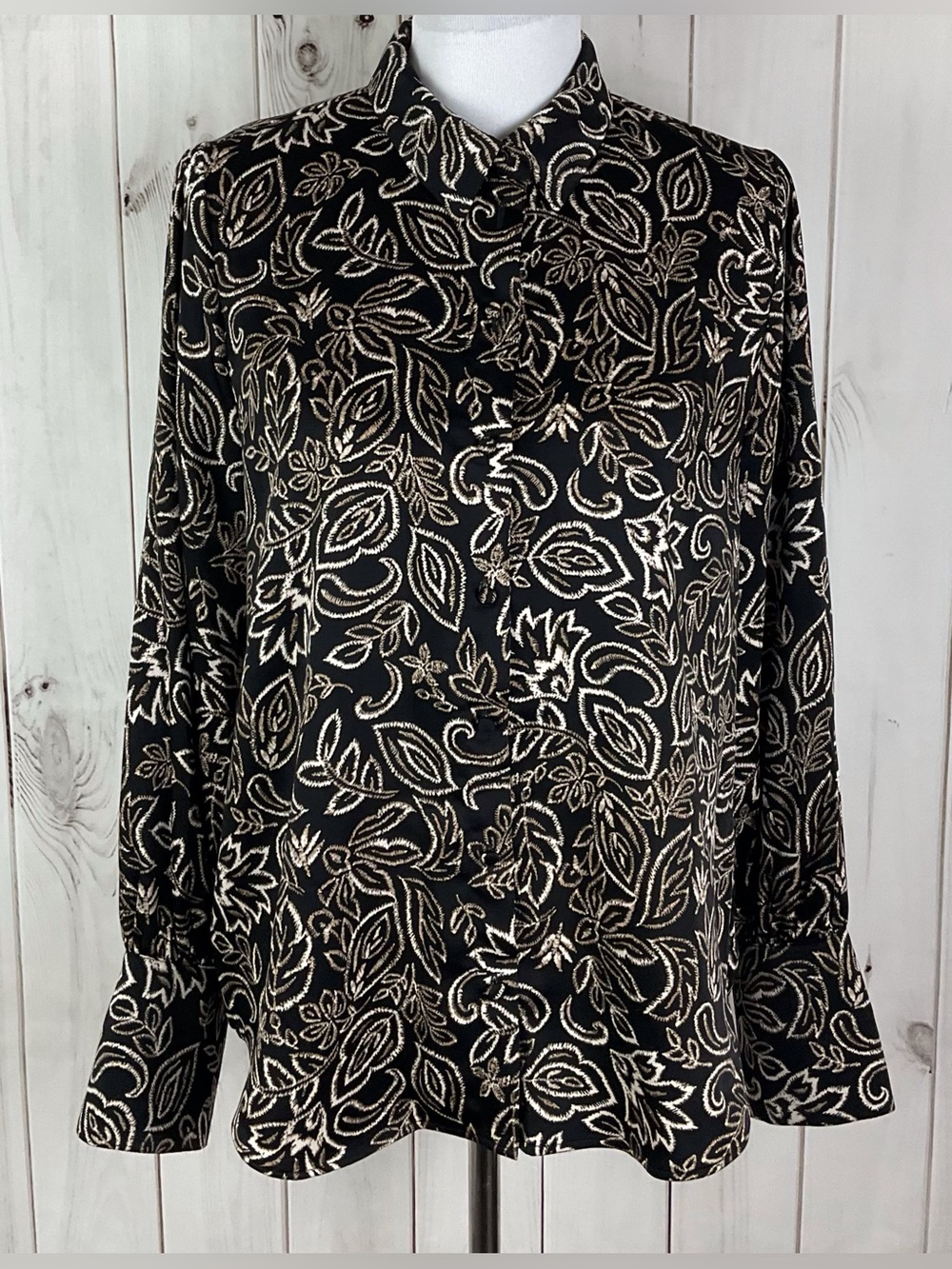 Vince Camuto Womens Black Tan Floral Long Sleeve Button Front Blouse Top Size M